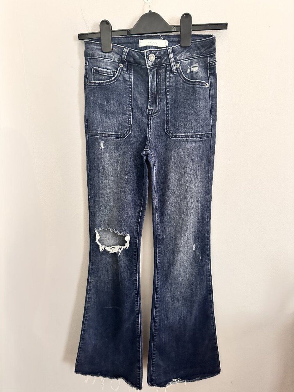Hidden High Rise Flare Jeans Women's 26 Dark Wash Distressed Raw Hem Stretch